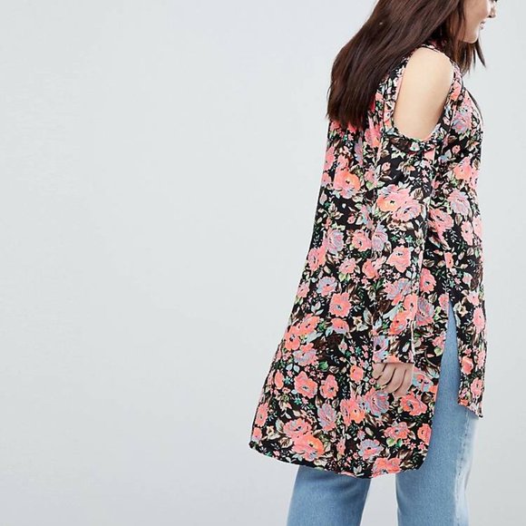 ASOS Curve Koko Neon Cold Shoulder Floral Shirt NWT - Picture 3 of 9